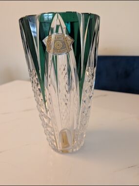 MINT 1969 Val Saint Lambert 9” Emerald Green Crystal Vase Belgian Art Deco